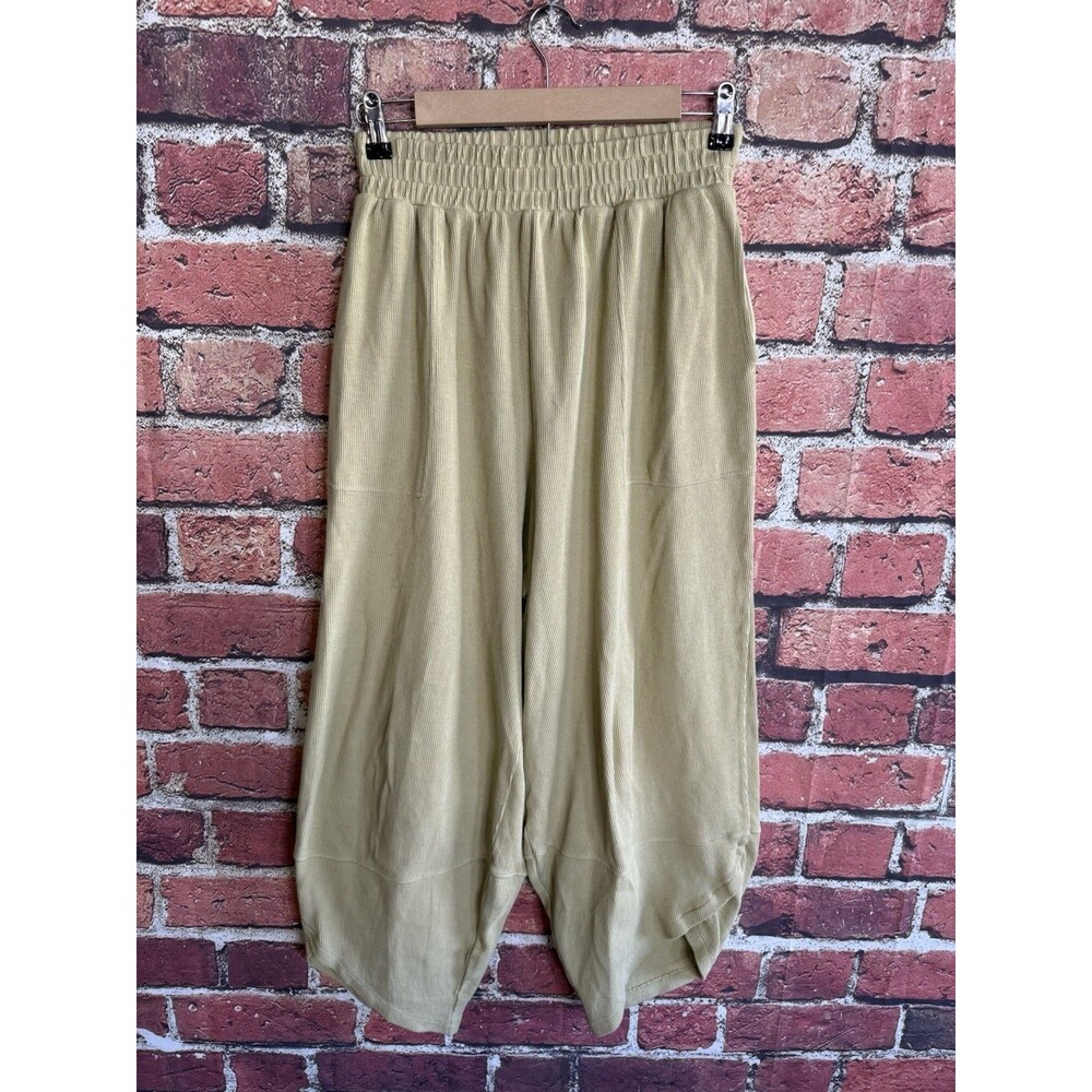 FREE PEOPLE Pants S FP BEACH Leo Waffle Knit Barrel Tulip Hem Pull On Green